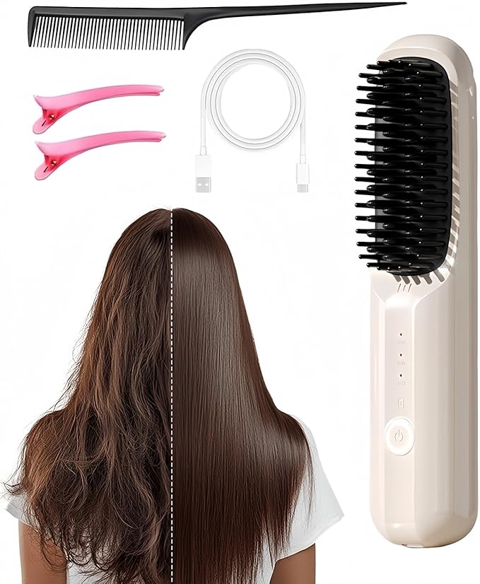 Cordless Hair Straightener Brush 2026 New Portable Hair Straightener Fast Heating Ceramic Brush USB Rechargeable for Women Short Long Hair Travel Vacation Home Use (Beige)