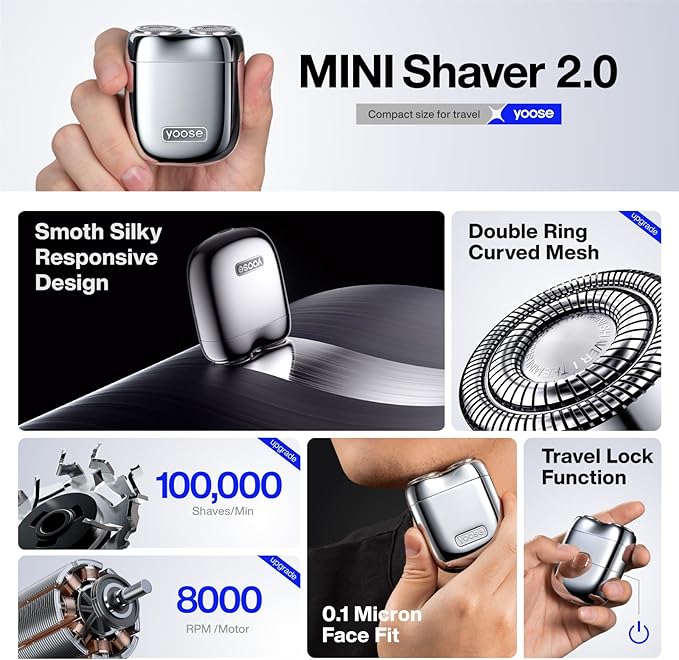 yoose Alloy Mini Shaver Portable Electric Razor for Men IPX7 Waterproof Dry Shave USB-C Rechargeable Easy to Clean Magnetic Detachable Head Cordless Electric Shaver 60 Mins Runtime Yellow