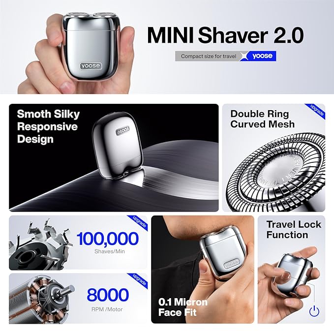 yoose Mini Shaver Bundle: Portable Electric Shaver for Men and Replacement Head Magnetic Design IPX7 Waterproof Dry Shave Silver