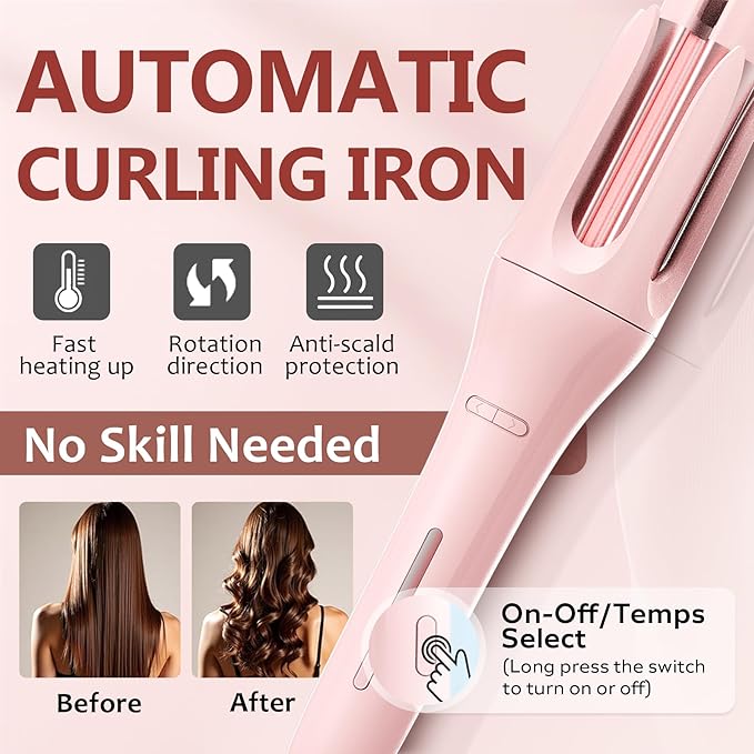 Automatic Rotating Curling Iron with 3 Temperature Fast Heating Auto Hair Curler with Timer Settings Anti-Tangle Automatic Shut-Off and Scalding for Hair Styling Pink