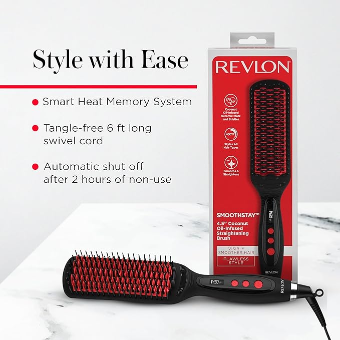 REVLON SmoothStay XL Hair Straightener - Heated Straightening Brush for Silky &amp Straight Long-Lasting Results Locks in Moisture with Reduced Static &amp Frizz