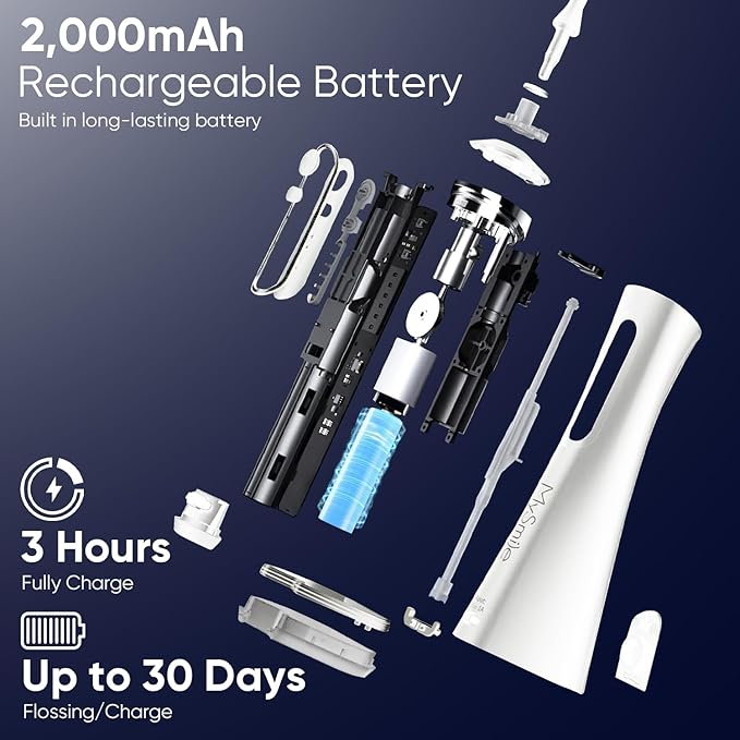 MySmile LP211 Cordless Water Flossers Portable Rechargeable Oral Irrigator for Teeth Cleaning 5 Cleaning Modes IPX7 Waterproof 8 Replacement Tips and a Storage Pouch (Pearl White)