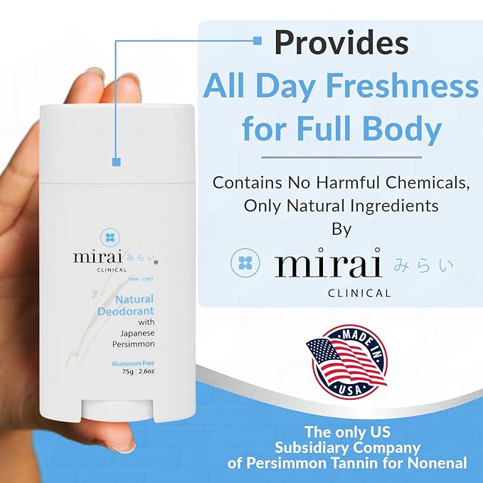 Mirai Clinical - All Natural Deodorant for Women and Men - w/Japanese Persimmon Extract - Full-Body Use - Aluminum Fragrance Paraben Free - Vegan - Helps to Eliminate Nonenal® Odor - Unscented-75g
