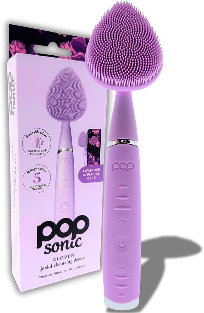 Clover Facial Cleansing Device Lavender Silicone Facial Cleaner &amp Exfoliator w/ 8000 Vibrations Per Minute 5 Speeds USB Rechargeable Face Cleaning Scrubber &amp Skincare Tool with Case