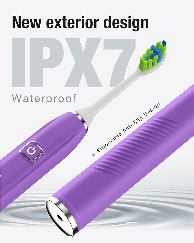 7AM2M Sonic Electric Toothbrush with 6 Brush Heads for Adults&ampKids One Charge for 120 Days Wireless Fast Charge 5 Modes 40000VPM Powered Toothbrush 2 Minutes Built in Smart Timer - Purple