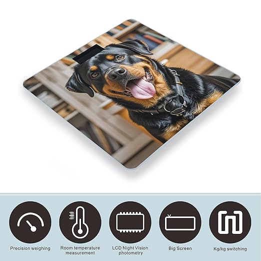 Rottweiler Dogs Tongue Head Bathroom Scale for Body Weight Bathroom Weighing Scales with Back Lit LED Display Sturdy Tempered Glass Body Weight Bathroom Scale 400lb Weighing
