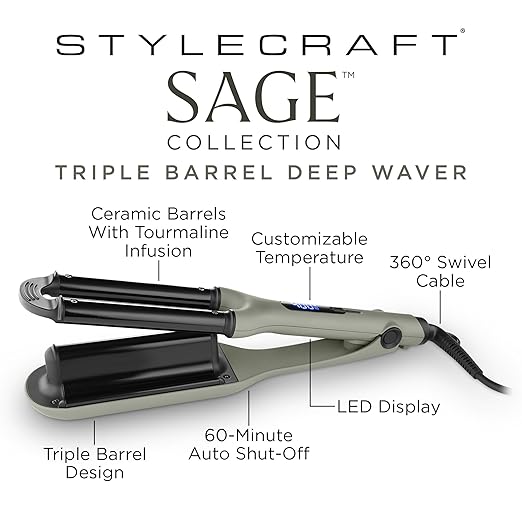 StyleCraft Sage Hair Styling Bundle - Lightweight Professional Hair Dryer Vibrating Flat Iron 2-in-1 Curling Wand &amp Styling Brush Triple Barrel Deep Waver - Tourmaline &amp Titanium Tools Holi