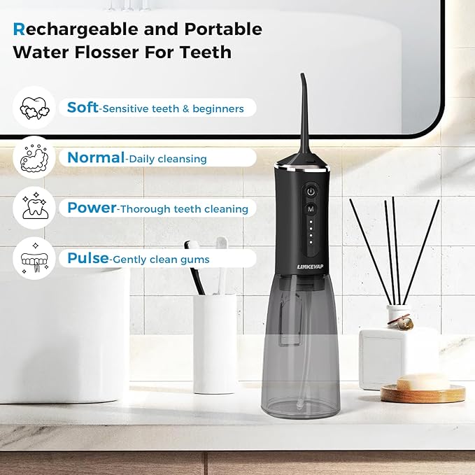 LINKEVAP Water Flosser for Teeth Pick360ML Rechargeable Travel Oral Irrigator CleanerIPX7 Waterproof Daily Dental Care Machine for Home (Black)