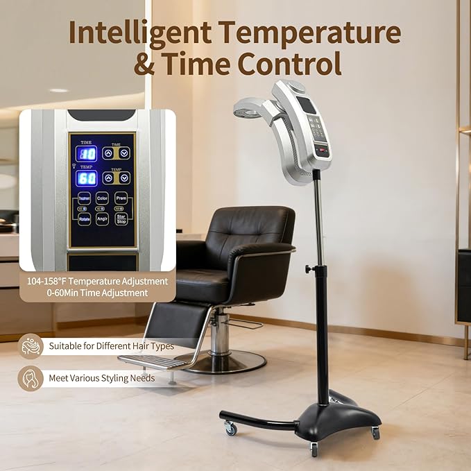 Vertical Hairdressing Heater Hair Color Processor Heating Stand with Wheels Adjustable Height Temperature Time Standing Hair Dryer Vertical Cold Iron Hair Dryer Adjustable Angle(45° 90° 180°)