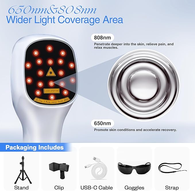 Cold Laser Therapy Device with LED Display Infrared Light Therapy for Body (4x808nm +14X650nm) Red Light Therapy for Pain Relief Joint and Muscles for Humans/Pet 8.6×2.1 Inch