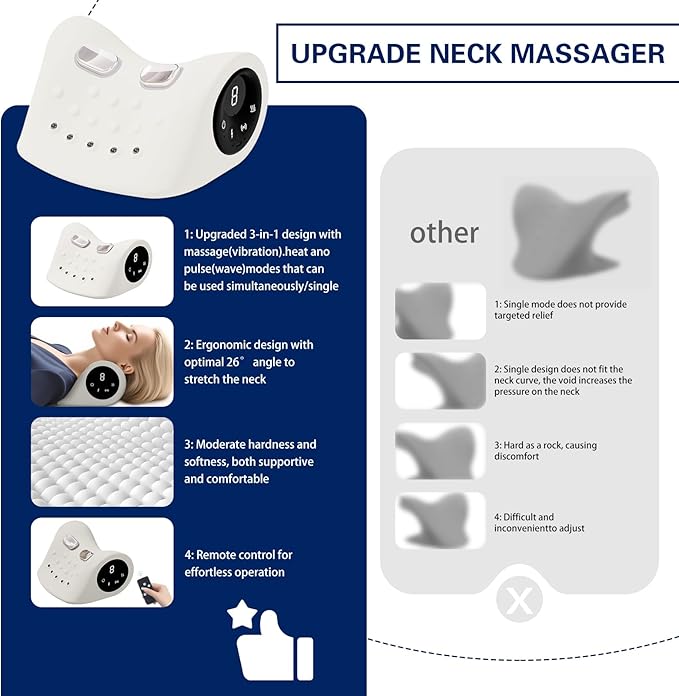 Neck Massager with Vibration Function 3 Modes Neck and Shoulder Relaxer Pillow with Heat 26°Angle Cervical Traction Device Massager with Heat for Pain Relief Deep Tissue