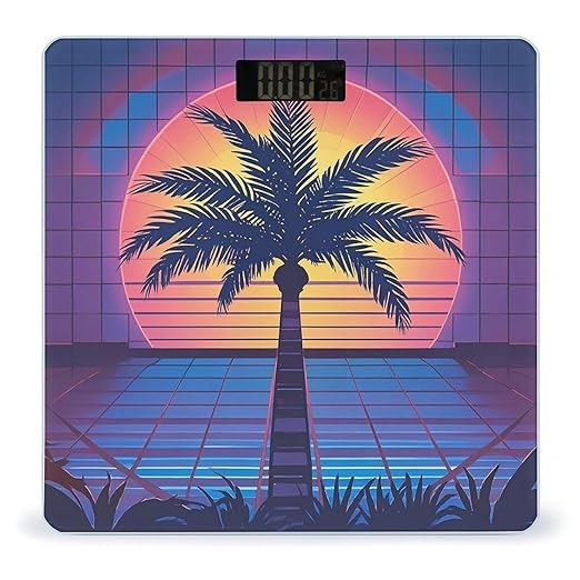Palm Tree Sun and Grid Bathroom Scale for Body Weight Bathroom Weighing Scales with Back Lit LED Display Sturdy Tempered Glass Body Weight Bathroom Scale 400lb Weighing