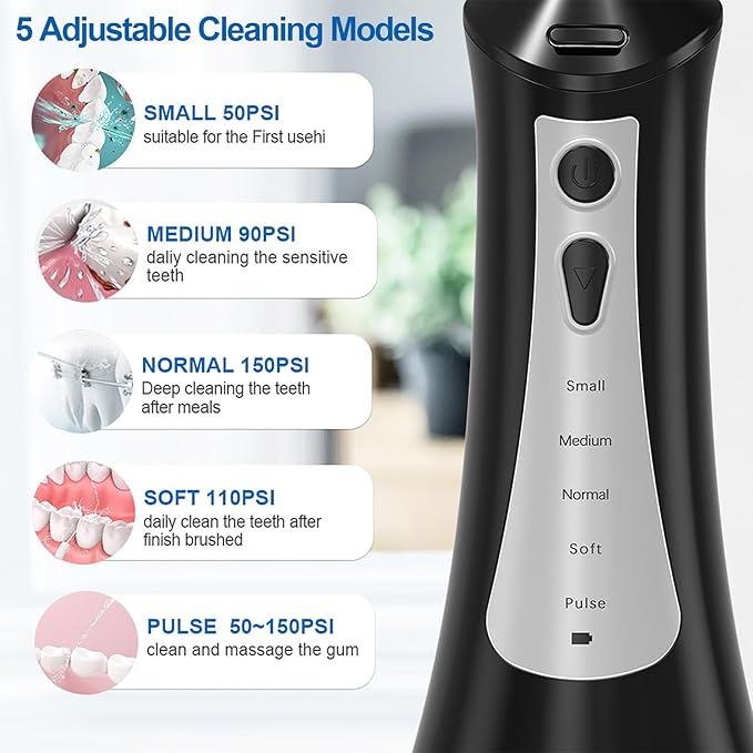 Cordless Water Flosser for Teeth Cleaning 300ML Portable Electric Water Flossers with 5 Modes &amp 6 Jet Tips for Braces Gums Teeth Cleaning IPX7 Waterproof Oral Irrigator for Adults/Kids Black
