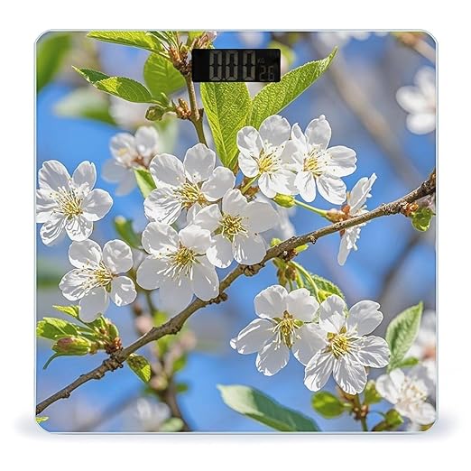 Beautiful Spring Cherry Blossoms Bathroom Scale for Body Weight Bathroom Weighing Scales with Back Lit LED Display Sturdy Tempered Glass Body Weight Bathroom Scale 400lb Weighing