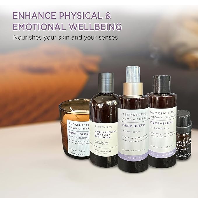Pecksniff's Fragrance Gift Sets Luxurious Handcrafted in England (Aroma:Therapy Deep-Sleep: Bath Soak Candle Pillow Spray Massage Oil)