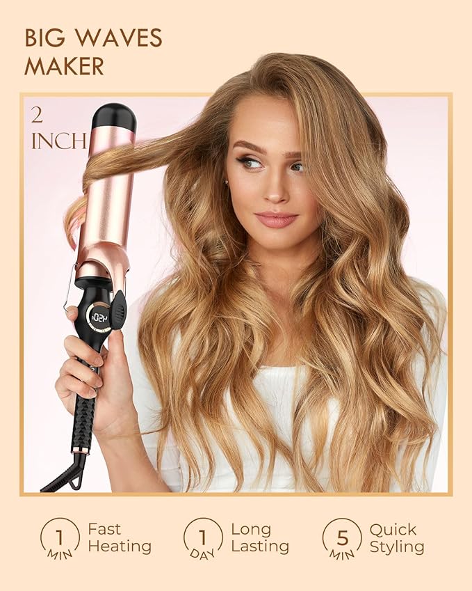 Large Curling Iron 2 Inch Ceramic Long Barrel Hair Curling Wand Hair Styling Tool Dual Voltage LCD Display Black