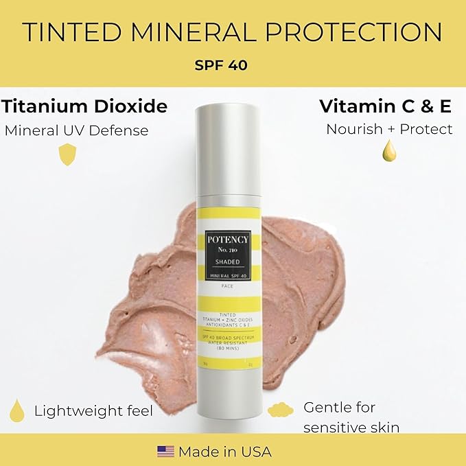 POTENCY No. 710 Shaded SPF 40 Mineral Sunscreen - Broad Spectrum Protection - Sheer Tinted Matte Finish - Fragrance-Free - Reef-Safe Formula - Lightweight Daily Protection - Made in the USA - 1.8 Oz
