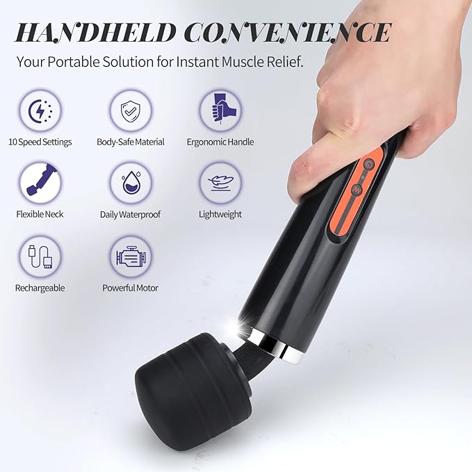 Rechargeable Wand Massager for Women 10-Speed Cordless Handheld Massager Portable Electric Deep Tissue Massage Tool for Full Body Muscle Recovery Neck Back Shoulder &amp Foot (Black-USB)
