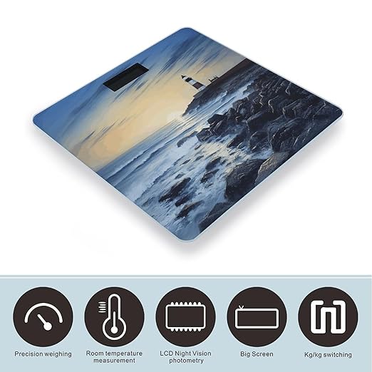 The Seaside Lighthouse Bathroom Scale Automatic Power On/Off Body Scales LCD Backlight Display Square Digital Scale Rounded Corners Bathroom Scales for Home Bedrooms