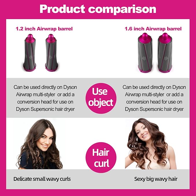 1 Pair Short Hair Curling Barrels for Dyson Supersonic Hair Dryer Curling Attachment 1.2 inch Automatic Curling Parts with Adapter for Multi Short Hair Styles