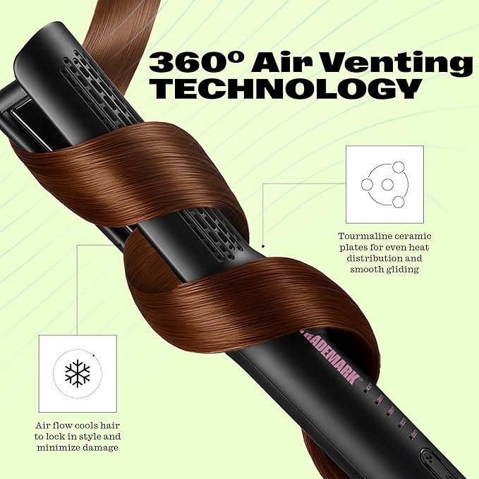 Trademark Beauty Airflow Styling Flat Iron 2 in 1 Hair Straightener &amp Curler Ceramic Plates Tourmaline Coating 360 Degree Air Vents Sunny Styler - Black