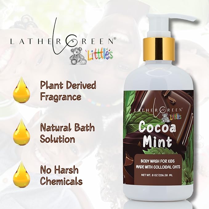 Kids Body Wash – Plant Based Gentle Moisturizer with Shea Butter – Safe for Sensitive Skin – Cocoa Mint – 3 Pack (8 oz Each)