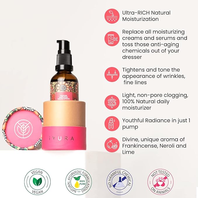 iYURA Yauvari Amplified Youth Spring—Face &amp Neck Moisturizer for Dry to Very Dry/Mature Skin | Firms the Look of Cheeks Jowls &amp Neck | Pro-Aging Natural Face Oil with Black Gram | 1.69 fl oz