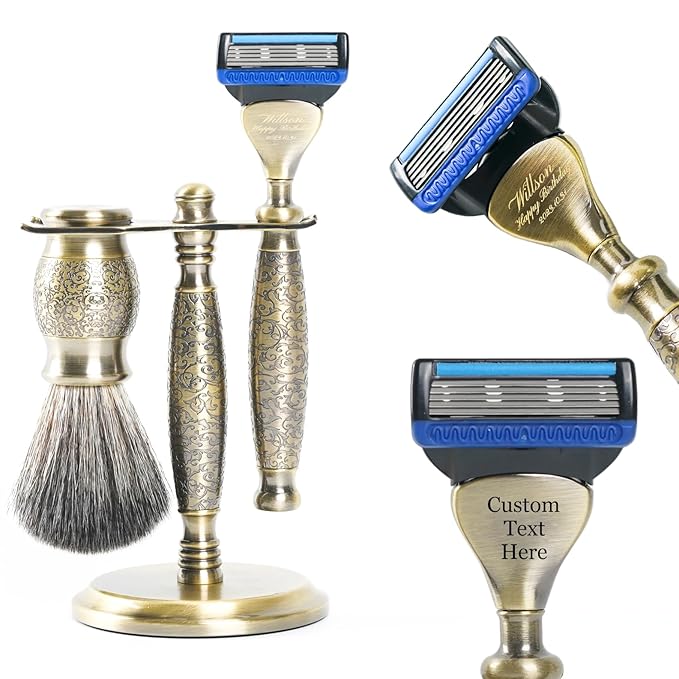FREED Customized gifts Engraving Luxury Men's 5-Blade Razor set Aluminum Alloy Material incloud 4 Bladesrazor standrazor brushIt's the best gift for men (Bronze)