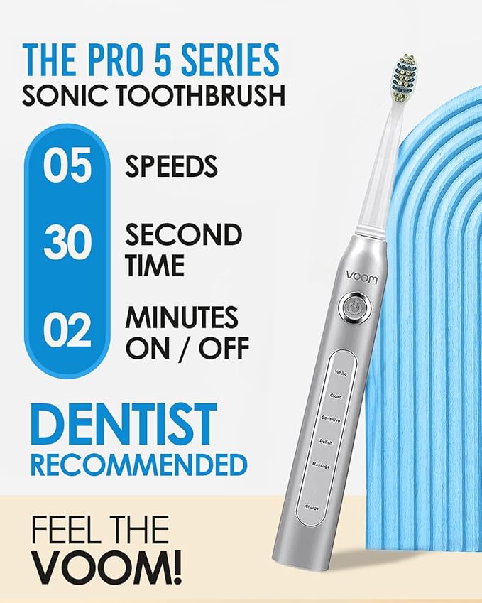 Voom Sonic Pro 5 Series Rechargeable Electronic Toothbrush Dentist Recommended Advanced Oral Care 2 Minute Timer with Quadrant Pacing 5 Adjustable Speeds Soft Dupont Nylon Bristles Silver