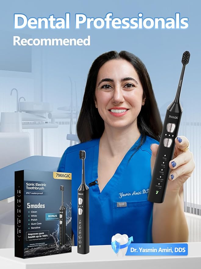 7MAGIC Sonic Electric Toothbrush for Adults and Kids - Up to 180 Days Runtime 42000 VPM Powered Toothbrush 5 Modes &amp 3 Intensities for Sensitive Teeth &amp Braces Includes 8 Brush Heads Black