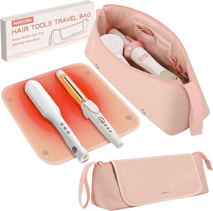 MOKURA Hot Hair Tools Travel Bag with Heat Resistant Mat Women Hair Accessories Organizer Case Storage Pouch for Curling Iron Straightener Flat Iron Gifts for Women Mon Girlfriend Pink