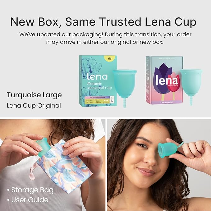 Lena Menstrual Cup Original - Soft Medical-Grade Silicone Period Cups for Women Heavy Flow Reusable and Comfortable 12-Hour Leak-Free Protection Beginner-Friendly Feminine Care - Large Turquoise