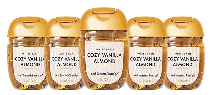 Cozy Vanilla Almond Hand Sanitizer - Vanilla Orchid + Sugared Almonds + Sweet Musk - Set of 5 Mini Vanilla Scented Travel Size (1 oz) Pocket Sanitizers - New for 2024