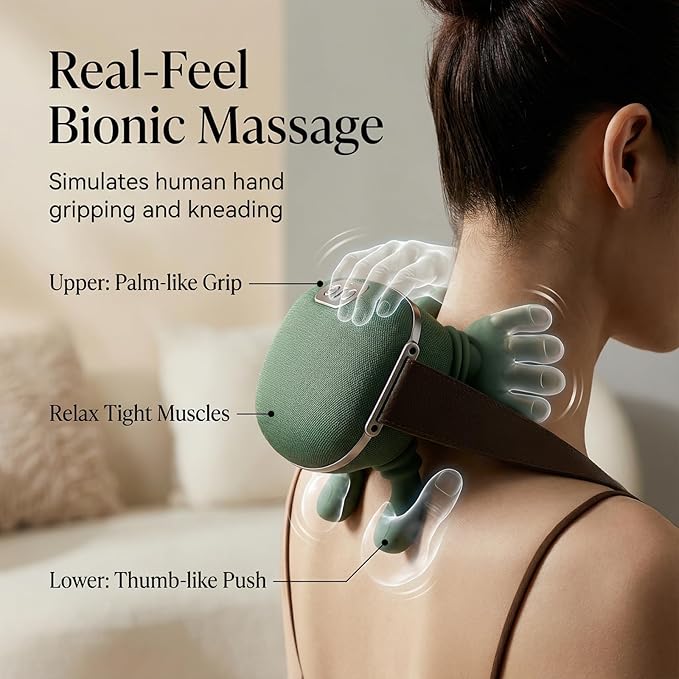 Cordless Neck and Shoulder Massager with Heat Bionic 4D Kneading Deep Tissue Back Massager Hands-Free Wearable Design for Muscle Relaxation Green