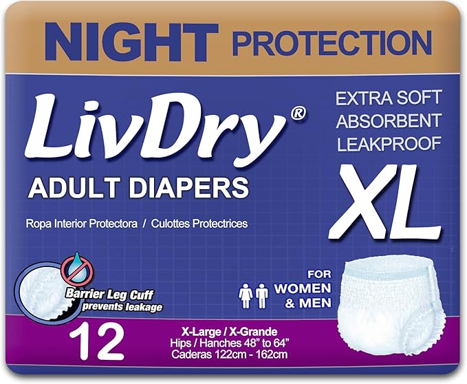 LivDry XL Overnight Adult Diapers for Women and Men Incontinence Underwear X-Large 12-Pack