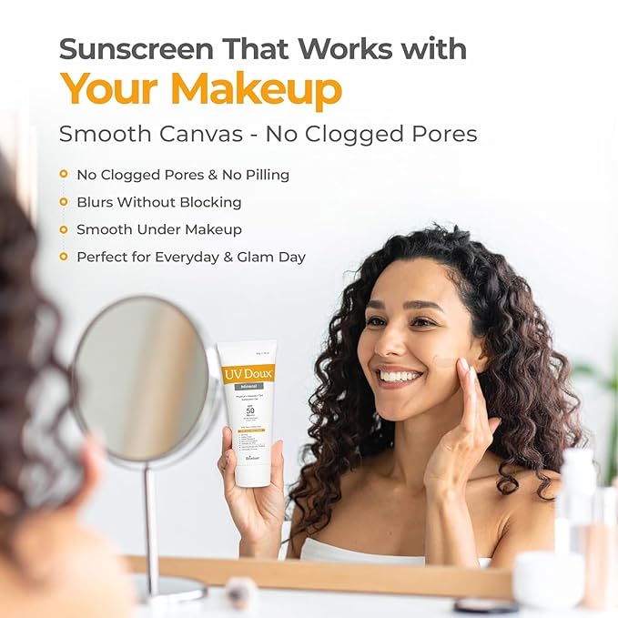 UV Doux Mineral Sunscreen SPF 50 PA+++ | Tinted Oil-Free Water Resistant No White Cast | Zinc &amp Iron Oxide | For Sensitive &amp Acne-Prone Skin Broad Spectrum 100% Mineral | Men Women 1.7oz P