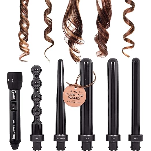 NuMe Lustrum 5 in 1 Tourmaline Ceramic Curling Wand Set with Interchangeable Barrels Digital Display Automatic Shutoff Feature. Heat Up to 410°F