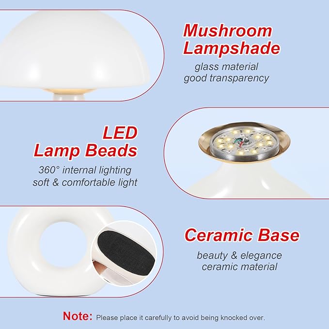 Mushroom Red Light Lamp for Sleep 670nm Deep Sleep Red Night Light - 4 Color and 5 Dimmable Remote Control with 30-90min Timer Bedroom LED Nightstand Lamp Glass Shade White Ceramic Base