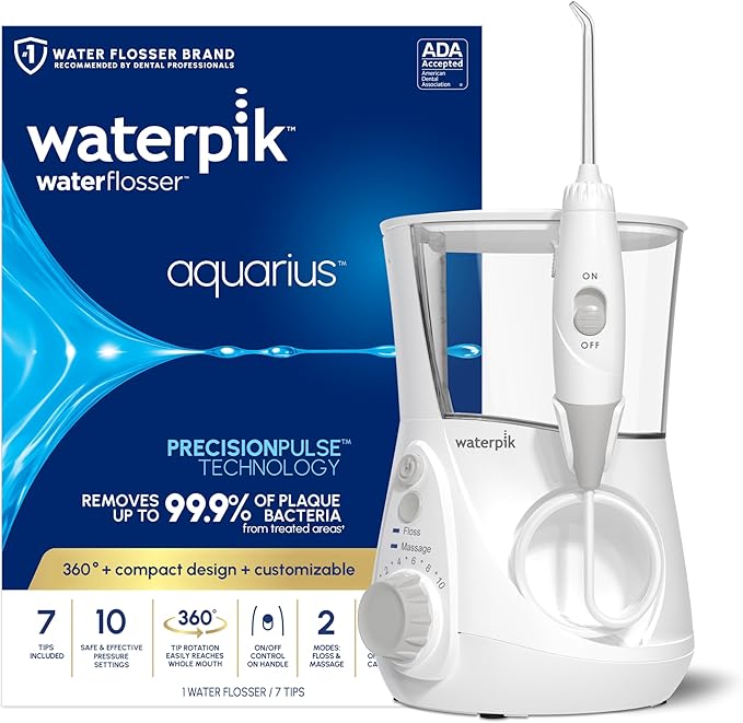 Waterpik Aquarius Water Flosser For Teeth Cleaning Gums Braces Dental Care Electric Power With 10 Settings 7 Tips For Multiple Users And Needs ADA Accepted White WP-660 Packaging May Vary