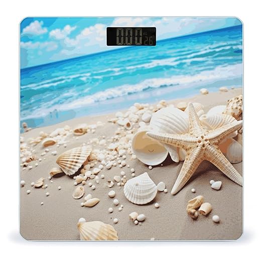Ocean Sea Beach Seashells Starfish Blue Weight Scale Digital Electronic Scales Bathroom Scale Larg LCD Backlight Display High Precision MeasurementsTempered Glass
