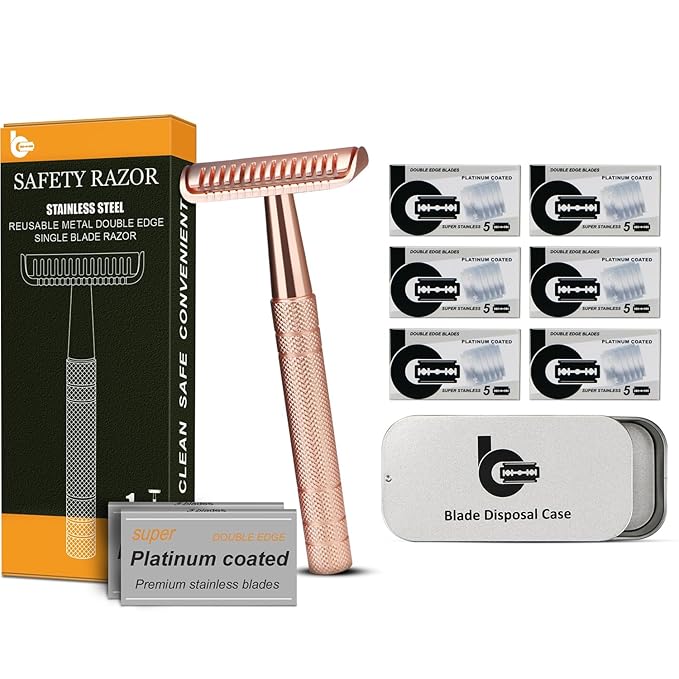 Rose Gold Stainless Steel Safety Razor with Razor Blade Disposal Container