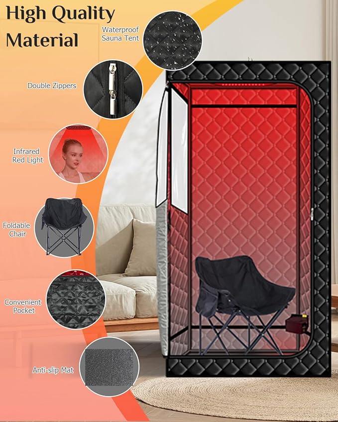 Smartmak Portable Sauna with Infrared 660nm Red Light Therapy Lamp for Home Relaxation Personal Large Full Body Sauna Spa Tent 1500W Fast Heating Hot Air Saunas Folding Chair Indoor Use 130–150°F
