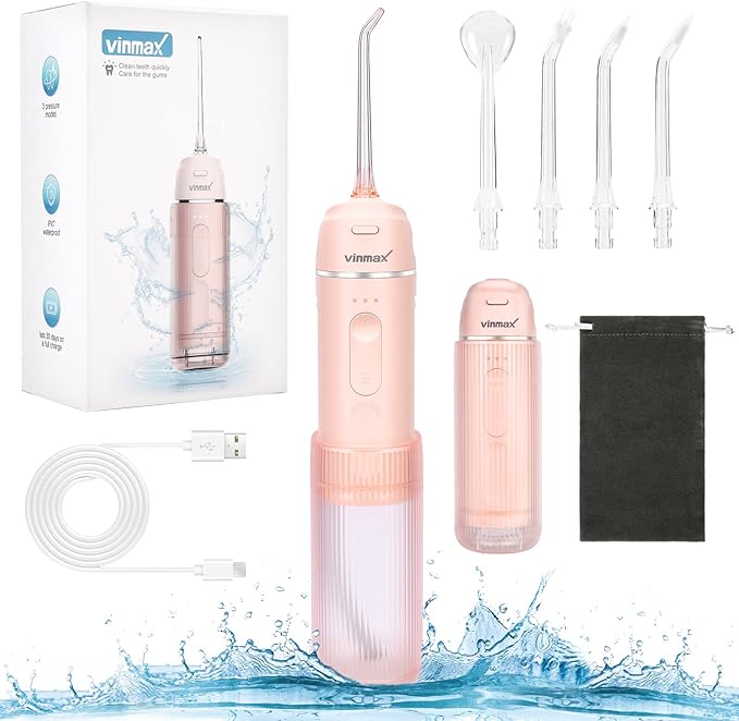 Water FlosserVinmax Portable Cordless Water Flossers for Teeth 3 Modes &amp IPX7 WaterproofMini Rechargeable Home &amp Travel Water Flossers4 Jet TipsBraces Bridges Care.Blue (Pink)