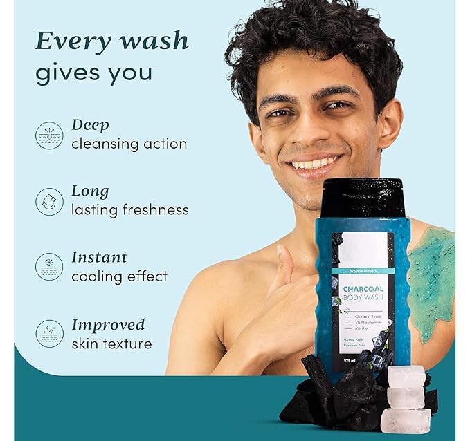 HK Charcoal &amp Menthol Body Wash | With Menthol 5% Niacinamide &amp Activated Charcoal Beads | For Instant Cooling Odor Protection &amp Improves Skin texture | 250ml