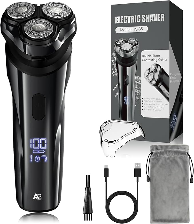 Electric Rechargeable Shaver for MenWet &amp Dry Electric Razor IPX7 Waterproof Rotary Shaver for Men4D Floating Head LED DisplayType-C Travel-FriendlyBlack
