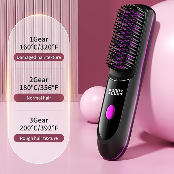 Rechargeable Hair Straightener - Cordless Styling Comb Tool USB Charging with Portable Design Wireless with Fast Heating Hair Styler Anti Scald Straightening Brush for Travel Use