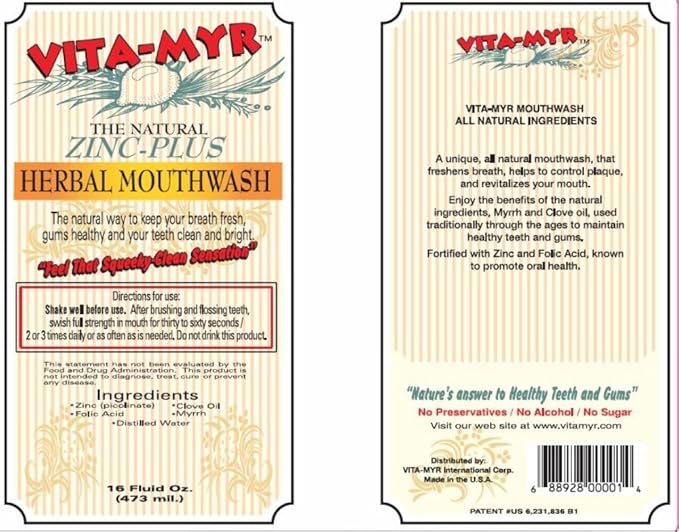 3 Pack VITA-MYR 16 Oz Effective Herbal Zinc-Plus Mouthwash