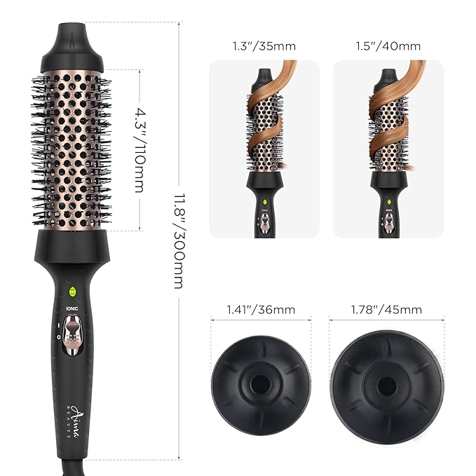 Aima Beauty Hot Brush 1.3/35mm Heated Curling Brush Ion Hair Care Thermal Round Brush Makes Hair Smoother &amp Softer Create Voluminous Curls Effortlessly Dual Voltage 60Mins Auto-Off Black
