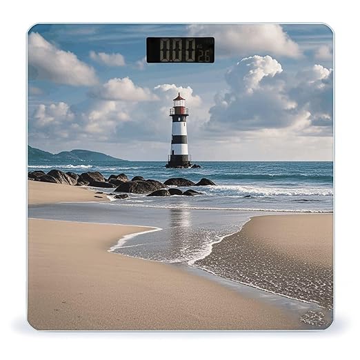 Sea Lighthouse Sandbeach Bathroom Scale for Body Weight LCD Display Digital Bathroom Scale Tempered Glass Bathroom Weight Scales Fashion Smart Scales for Home Bedroom 400 Lb