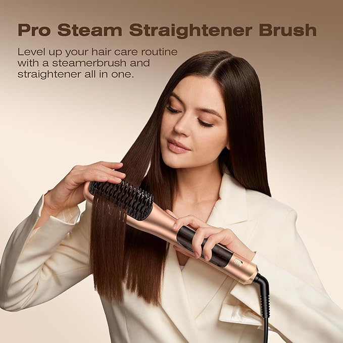Steam Hair Straightener Brush Steamline Pro 3 in 1 Straightening Brush Curly &amp Frizzy HairSmooth Without Flattening 5 Temp Settings &amp LED Display Dual Voltage Professional Styling Tools